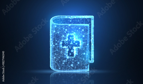 Bible with cross. Polygonal wireframe mesh on blue with dots, stars.