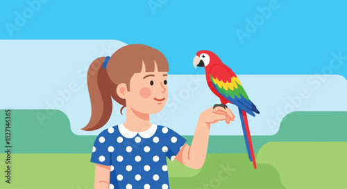 A young girl with a ponytail holding a colorful scarlet macaw parrot.