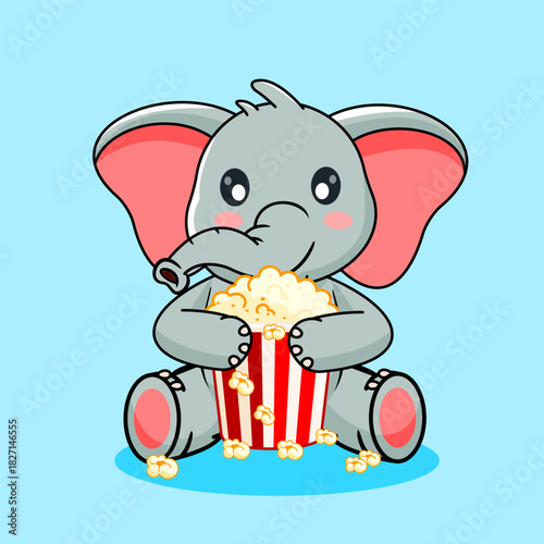 Cute Baby Elephant Sitting Enjoying Popcorn Vector Illustration Cartoon Kawaii Isolated Design