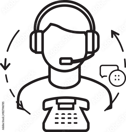 Collection of black and white customer service icons illustrating various support roles and communication tools used in assistance tasks
