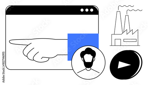 Hand pointing inside a browser frame with user profile icon, factory building, and play button. Ideal for technology, user interface, industry, action, decision-making, navigation corporate