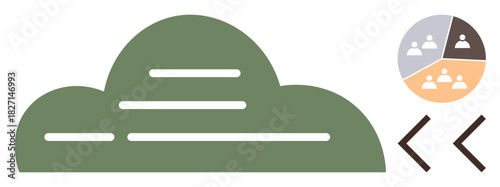 Green cloud with horizontal lines, pie chart with user groups, and sharing arrows. Ideal for data storage, teamwork, digital collaboration, cloud computing, sharing, connectivity simple flat