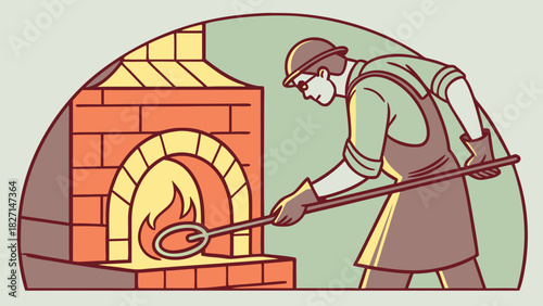 A Blacksmith Working with Fire in a Brick Furnace