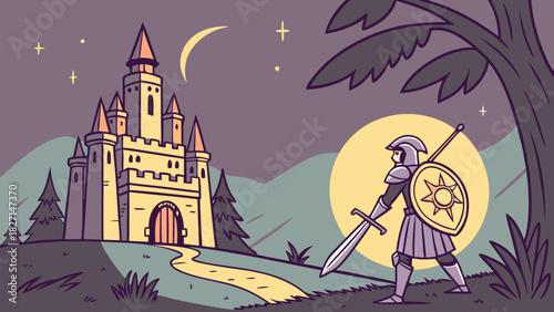 Cartoon Knight with Sword and Shield Guarding a Castle Under Crescent Moon