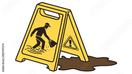 Caution Wet Floor Sign with Spilled Liquid and Stylized Falling Figure