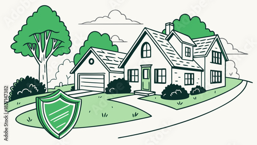Cartoon house with a shield trees and a driveway in green and white