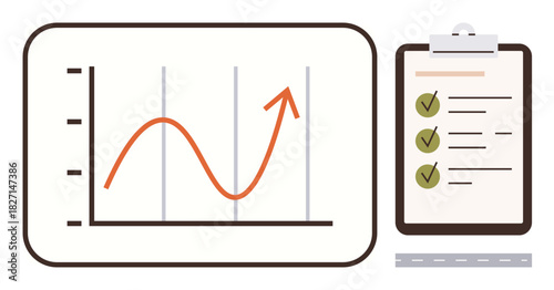 Growth line chart showing upward trends on whiteboard alongside a checklist on clipboard with checkmarks. Ideal for business, analytics, productivity, planning, strategy, teamwork, simple flat