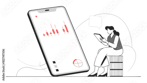 Woman Analyzing Stock Charts on Tablet Near Large Smartphone Display