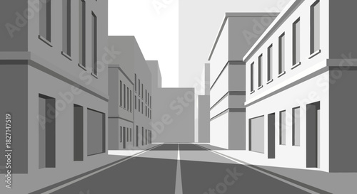 City street perspective with buildings and road in grayscale.