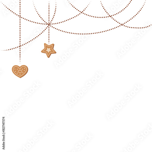 Kraft holiday ornament on brown flat background set. Holiday decoration with christmas branch and plant as part of a festive winter set. Gift and box detail in graphic concept design.