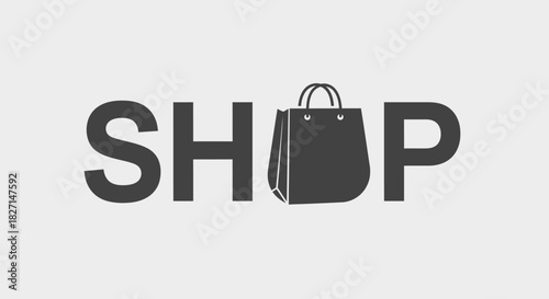 Creative shop wordmark logo design with a shopping bag icon replacing the letter O.