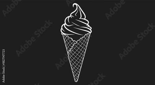 Minimalist white line art of a soft serve ice cream cone.