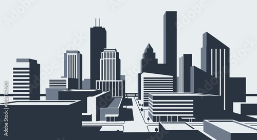 Monochromatic Cityscape Illustration with Modern Architectural Buildings and Urban Skyline.