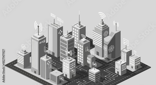 Isometric monochrome city with modern skyscrapers and buildings.