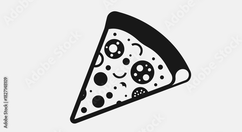 Stylized black and white graphic illustration of a pizza slice.