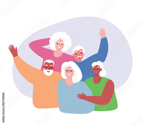 A cheerful group of elderly people with gray hair. Old men and women, pensioners, rejoice together, living life to the fullest. Vector flat graphics.