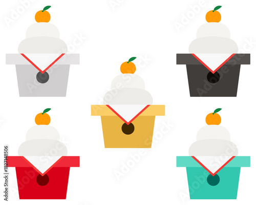 鏡餅のイラスト 5色の三方に供えた五行カラーセット