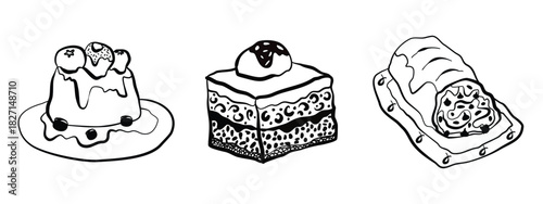 Panna cotta, tiramisu and cannoli set of Italian desserts in doodle style isolated on a white background.