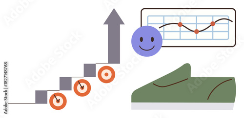Staircase with targets leading upward, fitness shoe, chart with progress line and happy face. Ideal for fitness goals, progress tracking, personal growth, performance monitoring, success strategies