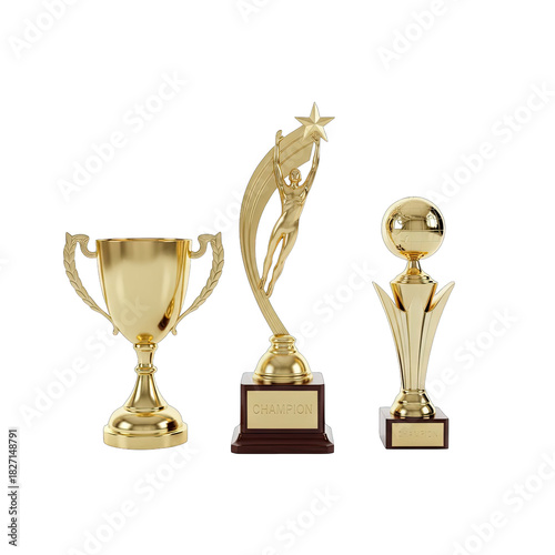 Three Golden Trophies Representing Victory and Achievement on a Black Background