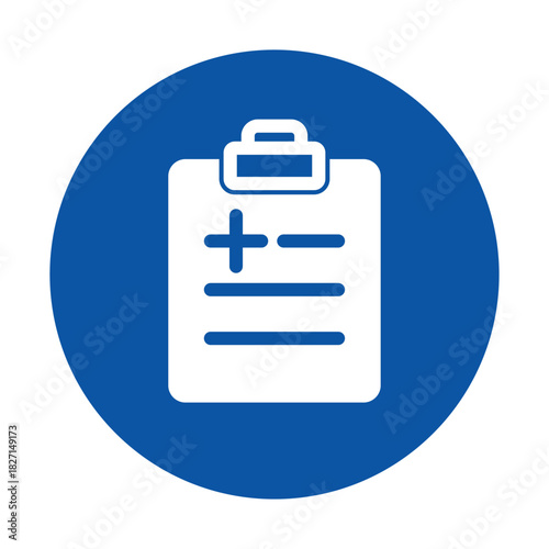 Medical Clipboard Icon with Plus Sign on a Blue Circle Background