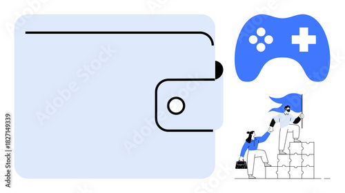 Large wallet symbolizing finance, game controller representing entertainment, team climbing blocks for collaboration. Ideal for teamwork, gaming, finance, goal achievement, leadership, assistance