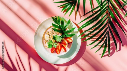 Fresh Fruit Salad in White Bowl Surrounded by Green Tropical Palm Leaves on Pink Background