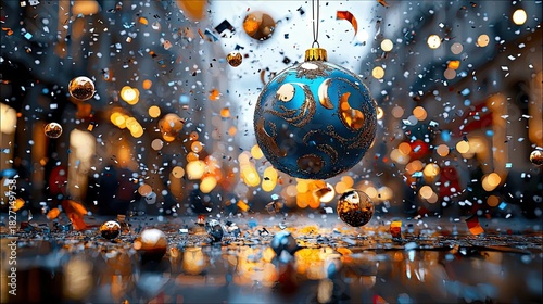 A blue and gold Christmas ornament suspended in the air, surrounded by falling confetti and bokeh lights, creating a festive atmosphere.