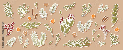 Flat kraft plant sticker patch set with green leaf, branch, and floral decor. Birthday and christmas collection for gift or box, ideal as festive decor in modern rustic style.