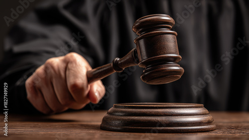 Judge's hand holding a dark wooden gavel	
