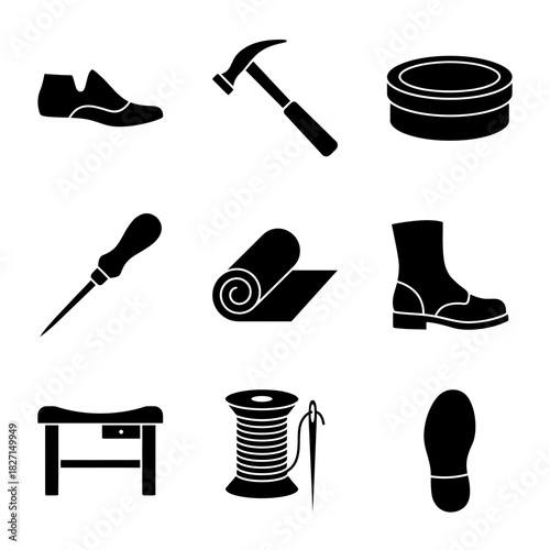 Icon set 27 featuring tools and footwear in minimalist black style