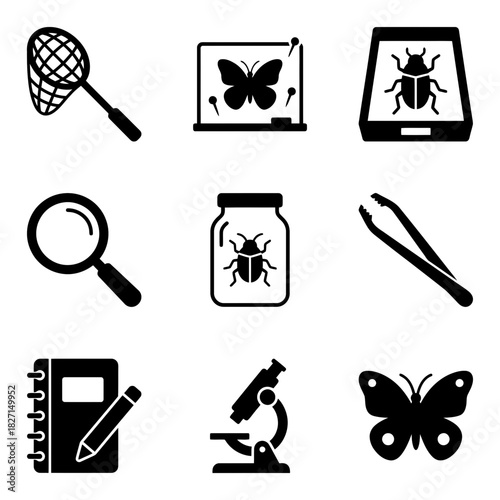 Icon set featuring insects and tools in minimalist black style