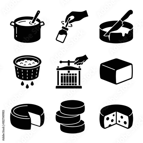 Icon set 27 featuring cooking and cheese preparation icons in black