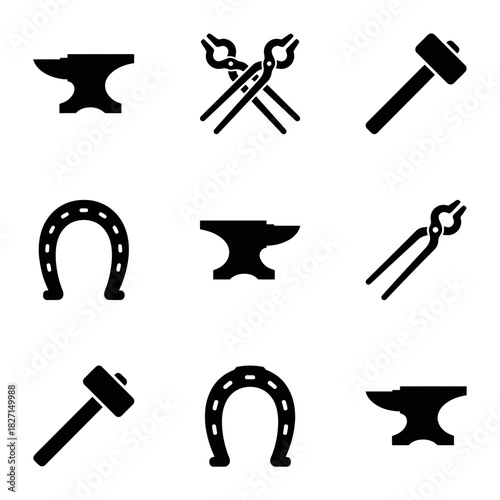 Icon set of blacksmith tools and horseshoes in minimalist style