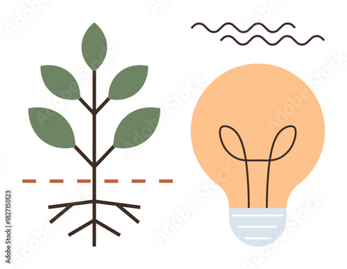 Green plant with roots beside glowing bulb with wavy lines suggesting creativity, balance, and growth. Ideal for sustainability, innovation, renewable energy, education, agriculture, eco-friendly
