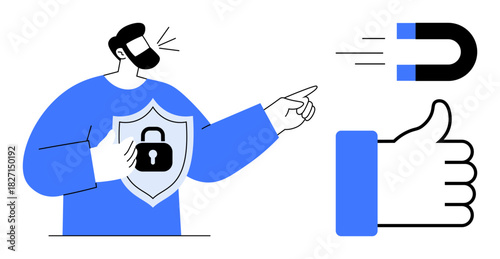 Cybersecurity concept. Cybersecurity through shield with lock, magnetic attraction to security, and digital safety gestures. Cybersecurity for digital protection, trust, and secure environments