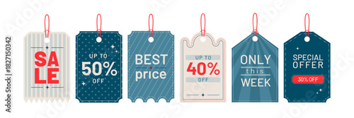 Set of decorative sale tags with discounts, special offers and stylish label designs. Ideal for seasonal promotions, online stores, marketing materials, retail advertising and holiday sales.