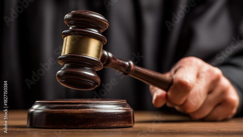 Judge's hand holding a wooden gavel	
