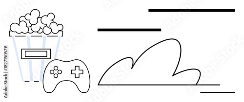 Popcorn bucket, gaming controller, and stylized cloud lines for casual entertainment, leisure, relaxation, creativity, digital fun, media consumption and recreational activities. Simple flat