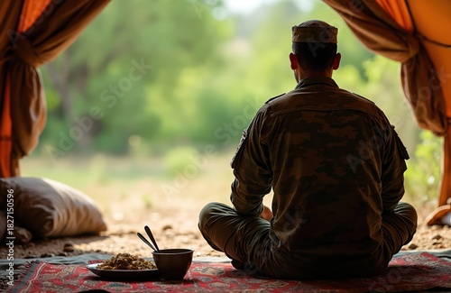 Soldier in uniform at camp. Man prays before meal. Military personnel in nature, resting. Army person reflects during break. War conflict in countryside