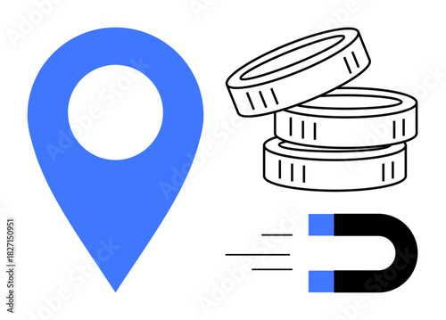 Blue location pin, stack of coins, and magnet represent financial attraction, business growth, marketing, geographic targeting, lead acquisition, wealth potential and strategies. A simple flat