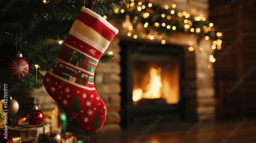 Fototapeta premium A cozy Christmas stocking hangs from a decorated tree near a glowing fireplace in a warm winter setting.