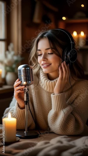 A woman sings into a vintage microphone while wearing headphones, creating a cozy and intimate atmosphere. Perfect for music or podcast content. Vertical video