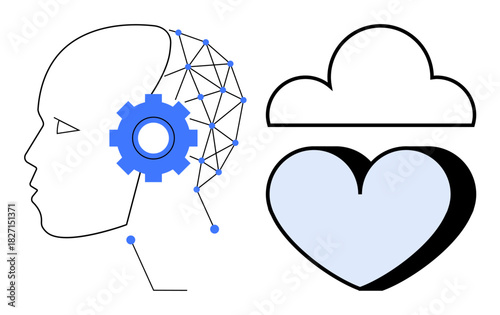 Profile head with neural connections and gear, next to cloud above heart. Ideal for innovation, AI, technology, emotions, decision-making, mental health and synergy. Simple flat metaphor
