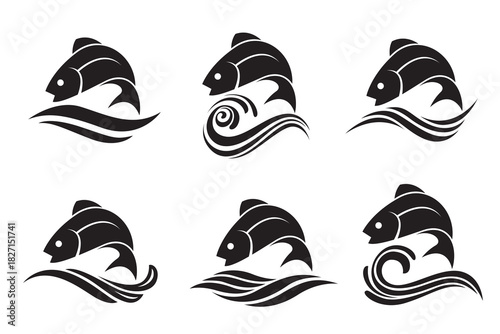 collection of abstract fish icon with waves isolated on white background