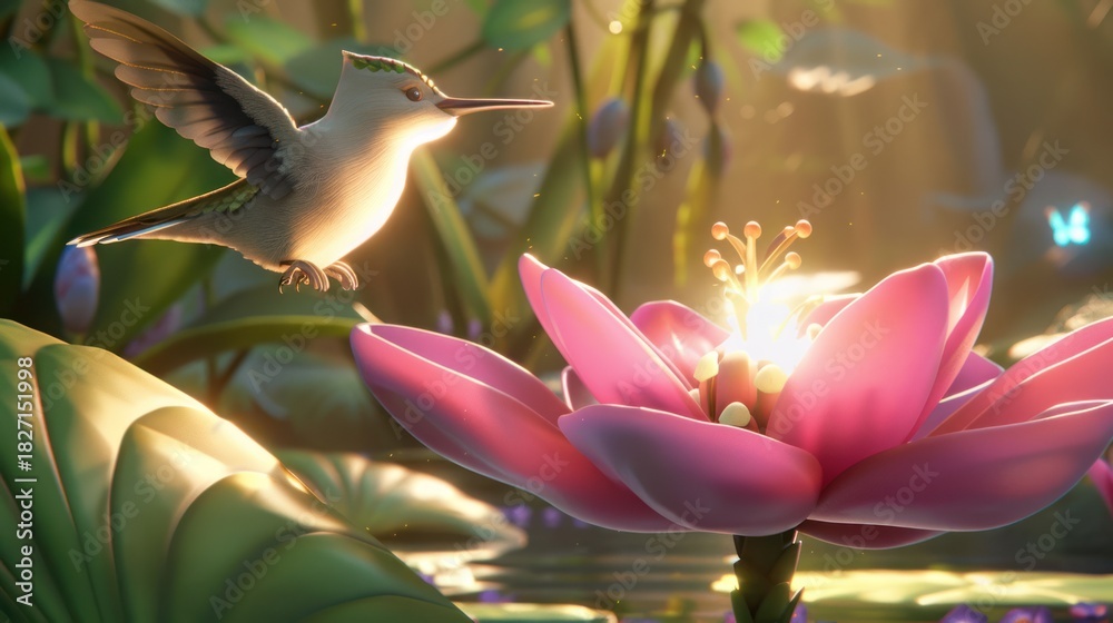 Fototapeta premium Hummingbird Flying Near Pink Water Lily Blooming in Soft Sunlight