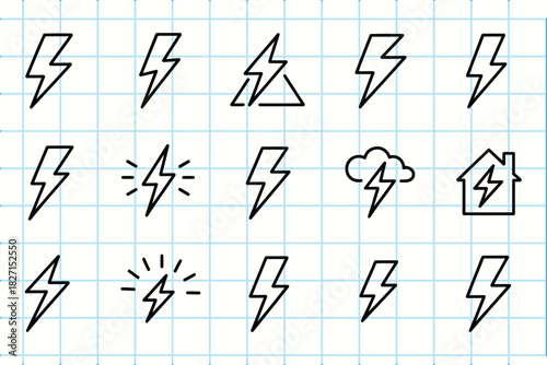 Collection of hand drawn lightning bolt icons on grid paper