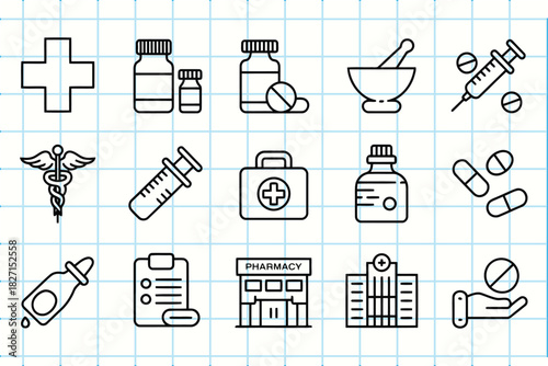 Collection of hand drawn medical and pharmacy icons on a grid background