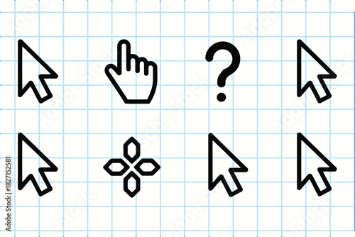 Collection of hand drawn computer cursor icons on grid paper