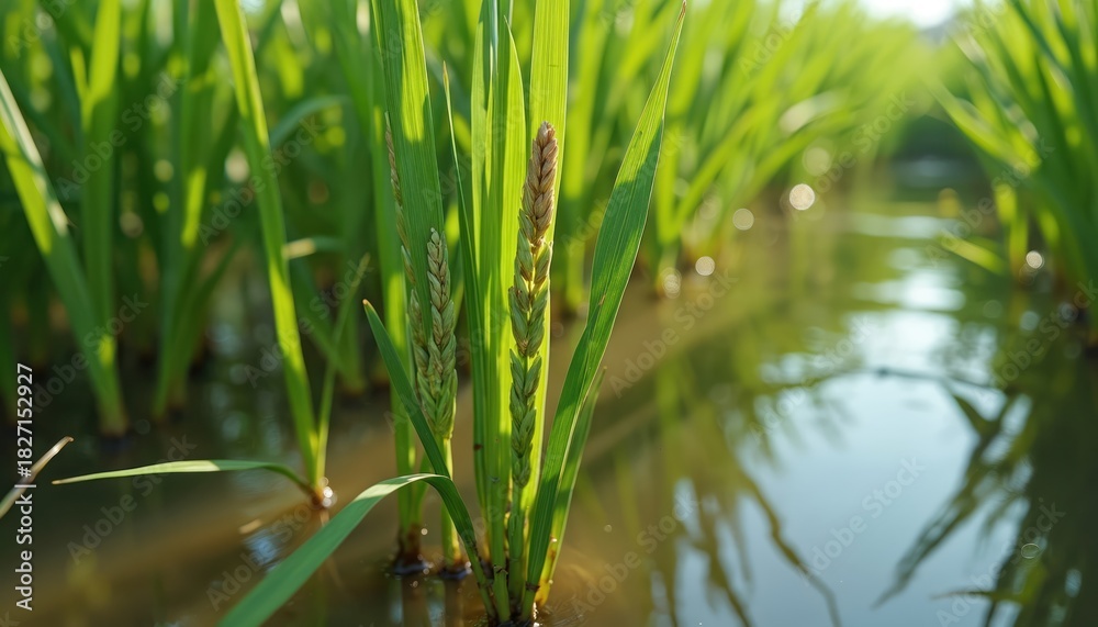 Fototapeta premium Close up photo of rice plant in flooded paddy field. Green rice crop grows in water. Agriculture farming concept. Plant disease in rice field. Rice production at farm.